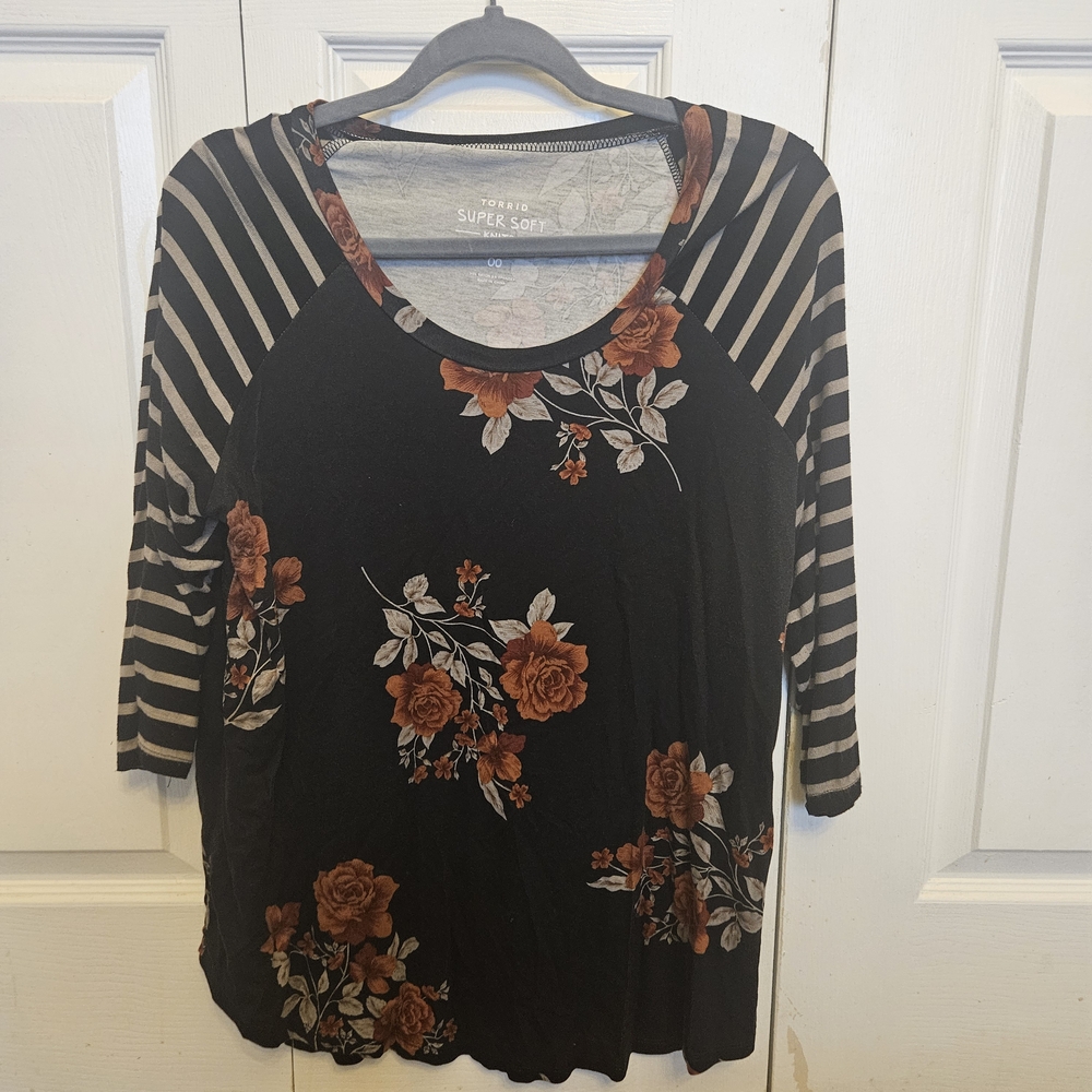 Torrid Black and Brown Floral Stripe Long Sleeve Top